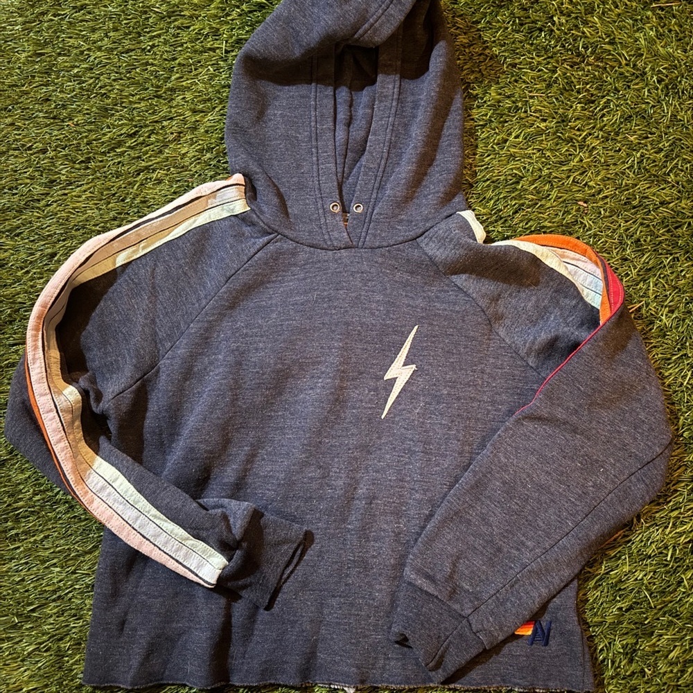 Aviator Nation Blue / Gray Hoodie with Lightning Bolt and Striped Sleeves